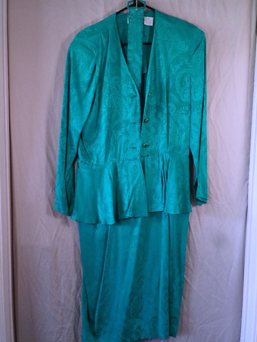 Vintage Liz Claiborne paisley teal silk dress+belt